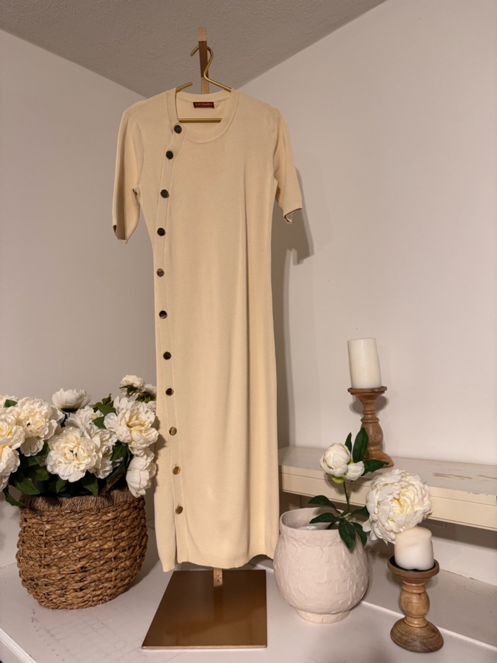 Altuzarra Cream Side-Button Short Sleeve Midi Dress